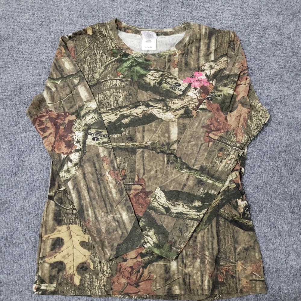 Mossy Oak Shirt Womens Size Medium Brown Camo Long Sleeve Pink Logo Outdoor Top